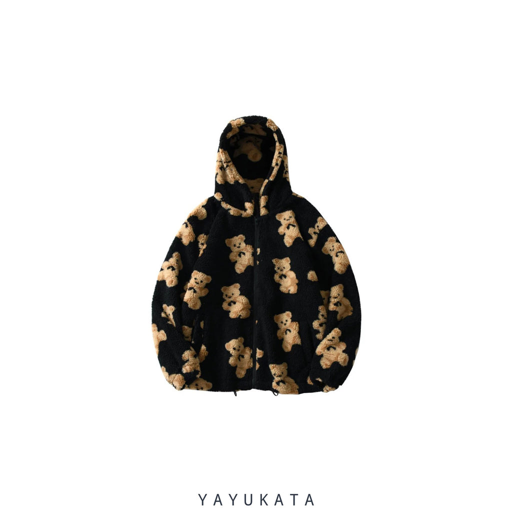 YAYUKATA Coats & Jackets BLACK / L MD3 Bear Printed Streetwear Fleece Jacket