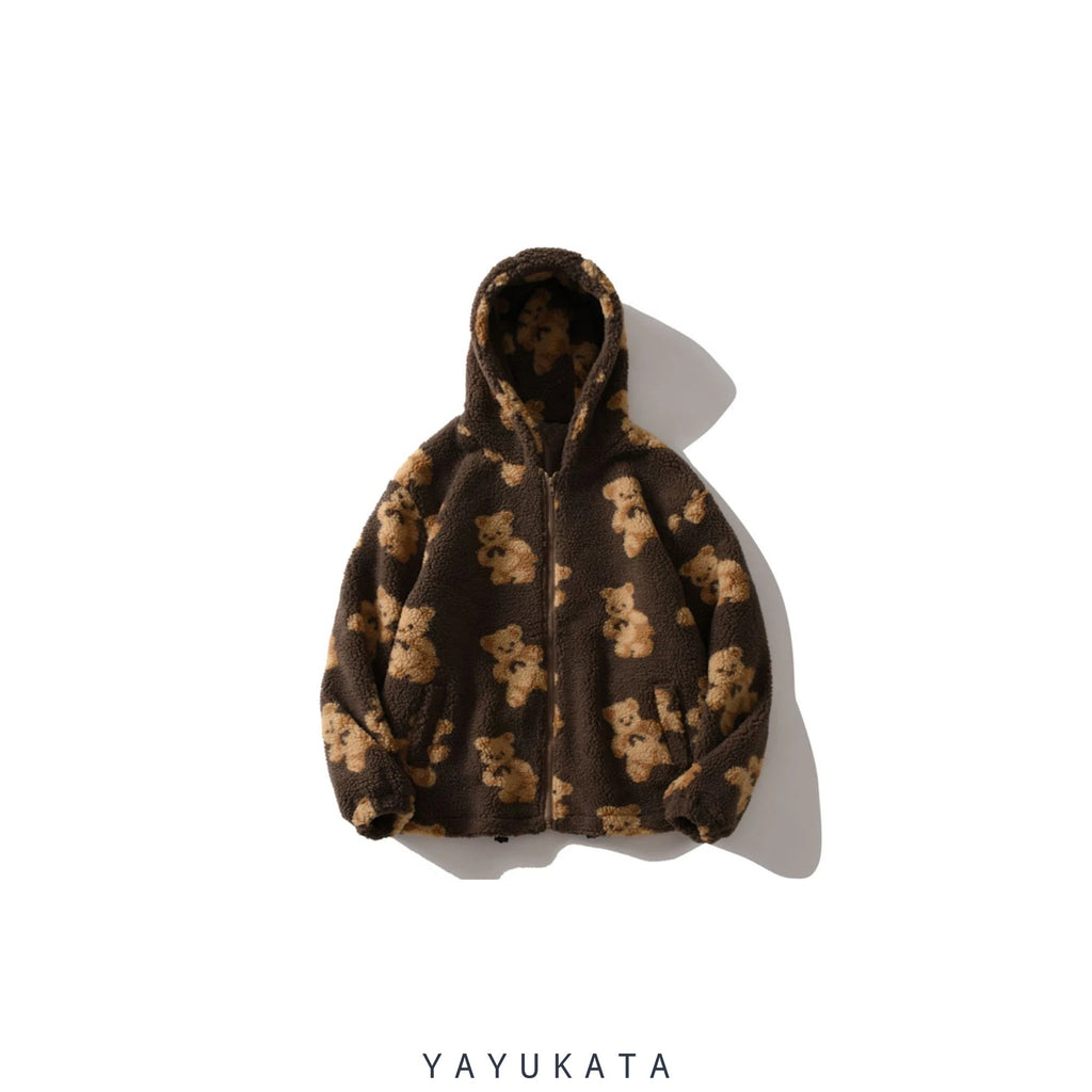 YAYUKATA Coats & Jackets BROWN / XXL MD3 Bear Printed Streetwear Fleece Jacket