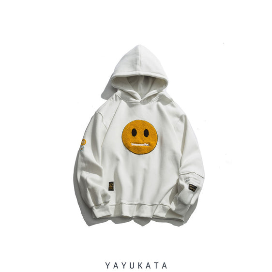 White and Dark Grey YY2 "Zipper" Harajuku Hoodies with face patch design.