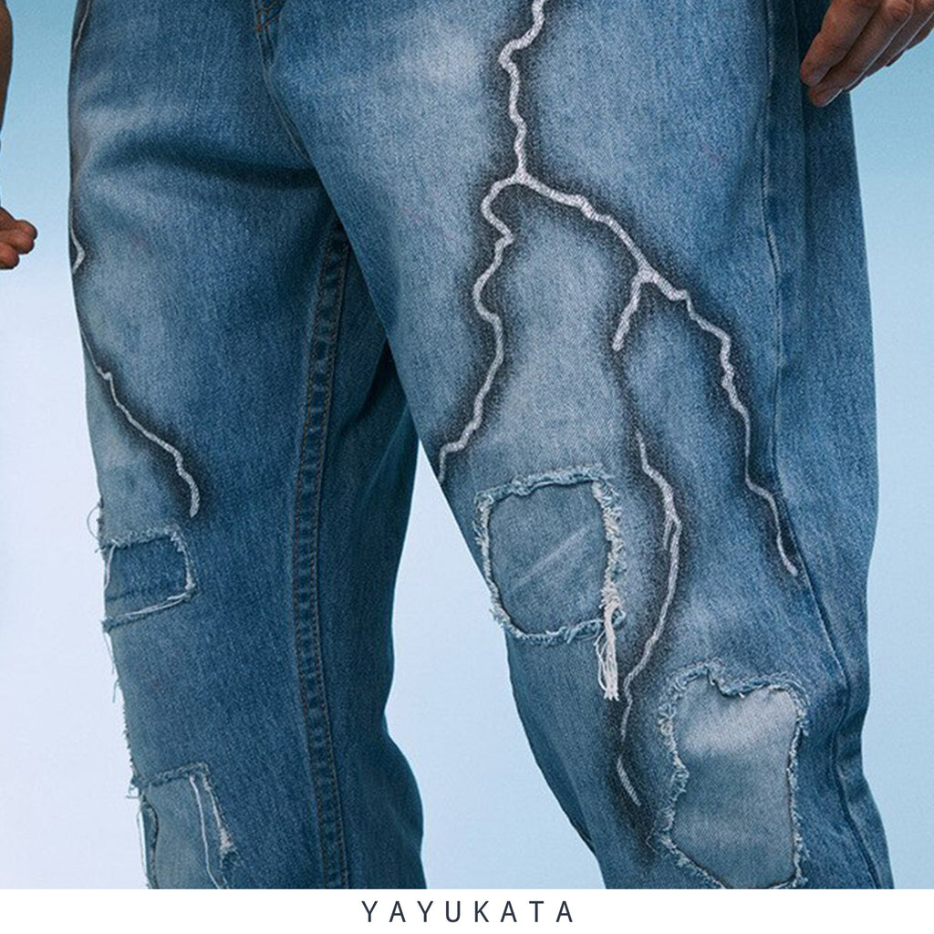 YAYUKATA Pants & Shorts MJ6 Lightning Printed Denim Pants