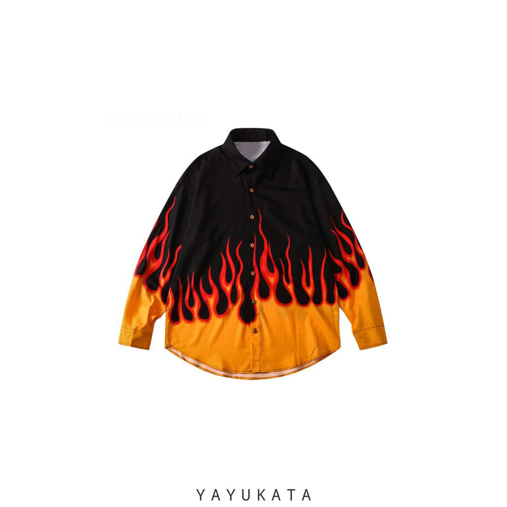YAYUKATA Shirts M MR8 Flames Pattern Hawaii Shirt