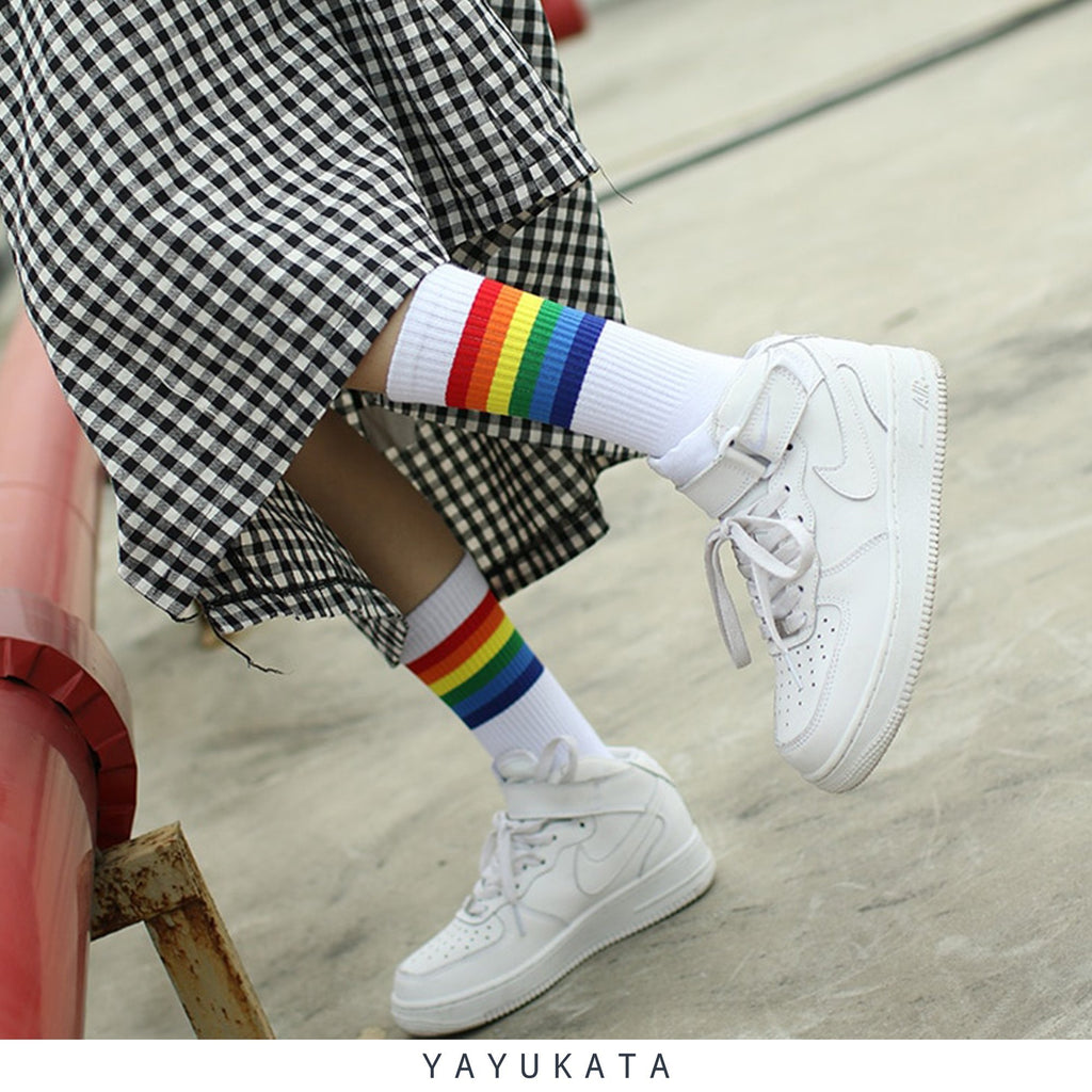 YAYUKATA Socks WHITE LG4 Rainbow Harajuku Socks